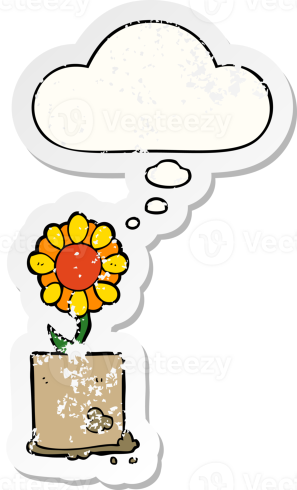 cartoon flower and thought bubble as a distressed worn sticker png