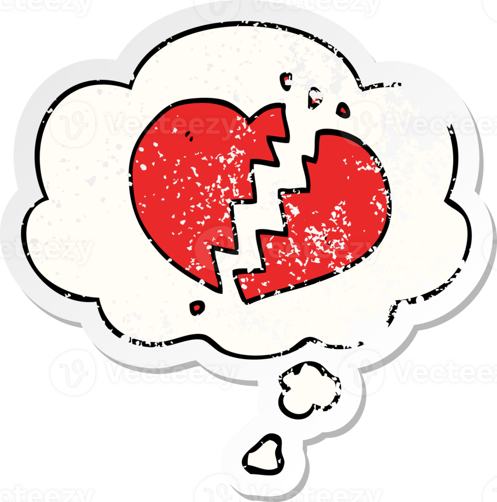 cartoon broken heart and thought bubble as a distressed worn sticker png