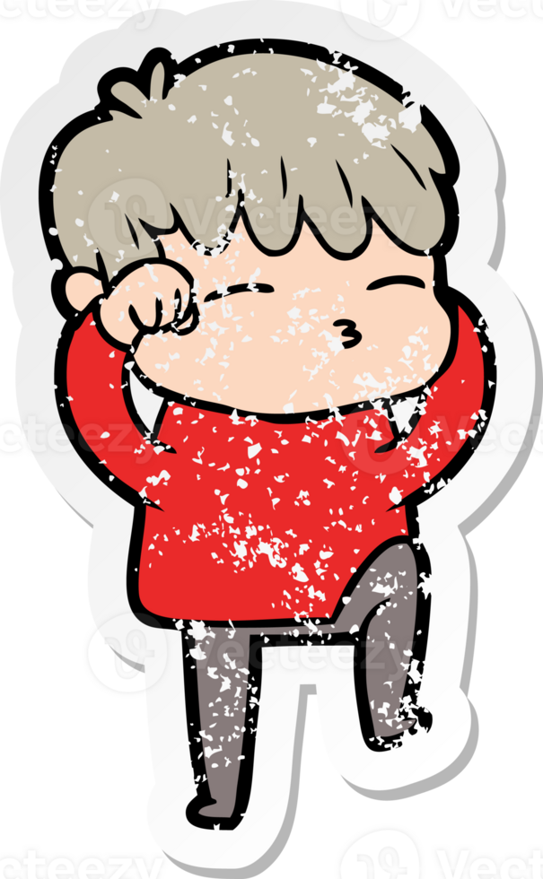 distressed sticker of a cartoon curious boy png