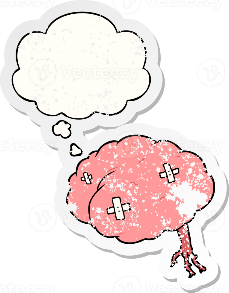 cartoon injured brain and thought bubble as a distressed worn sticker png