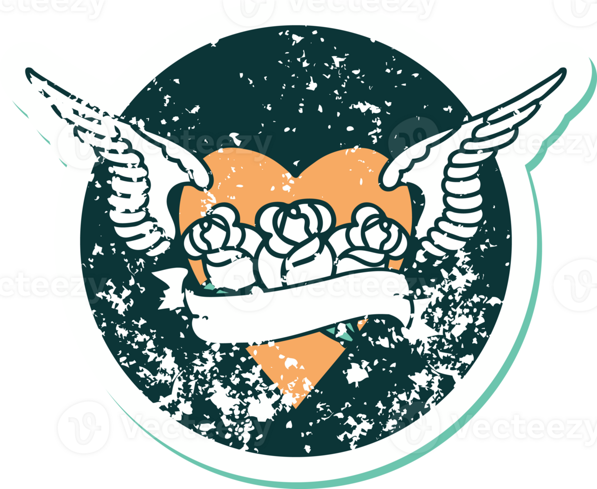 distressed sticker tattoo style icon of a heart with wings flowers and banner png