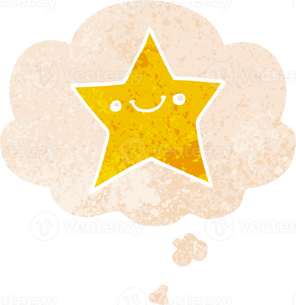 happy cartoon star and thought bubble in retro textured style png