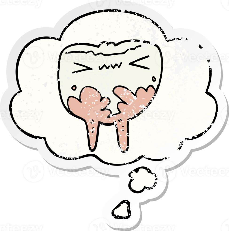 cartoon bad tooth and thought bubble as a distressed worn sticker png