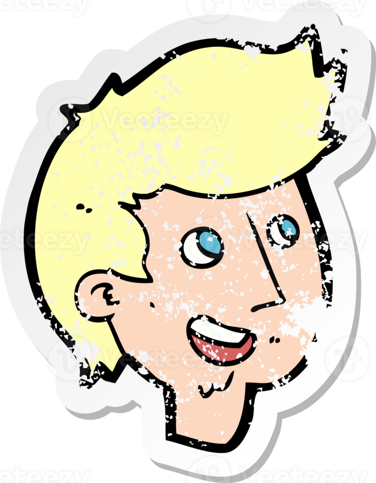 retro distressed sticker of a cartoon happy boy face png