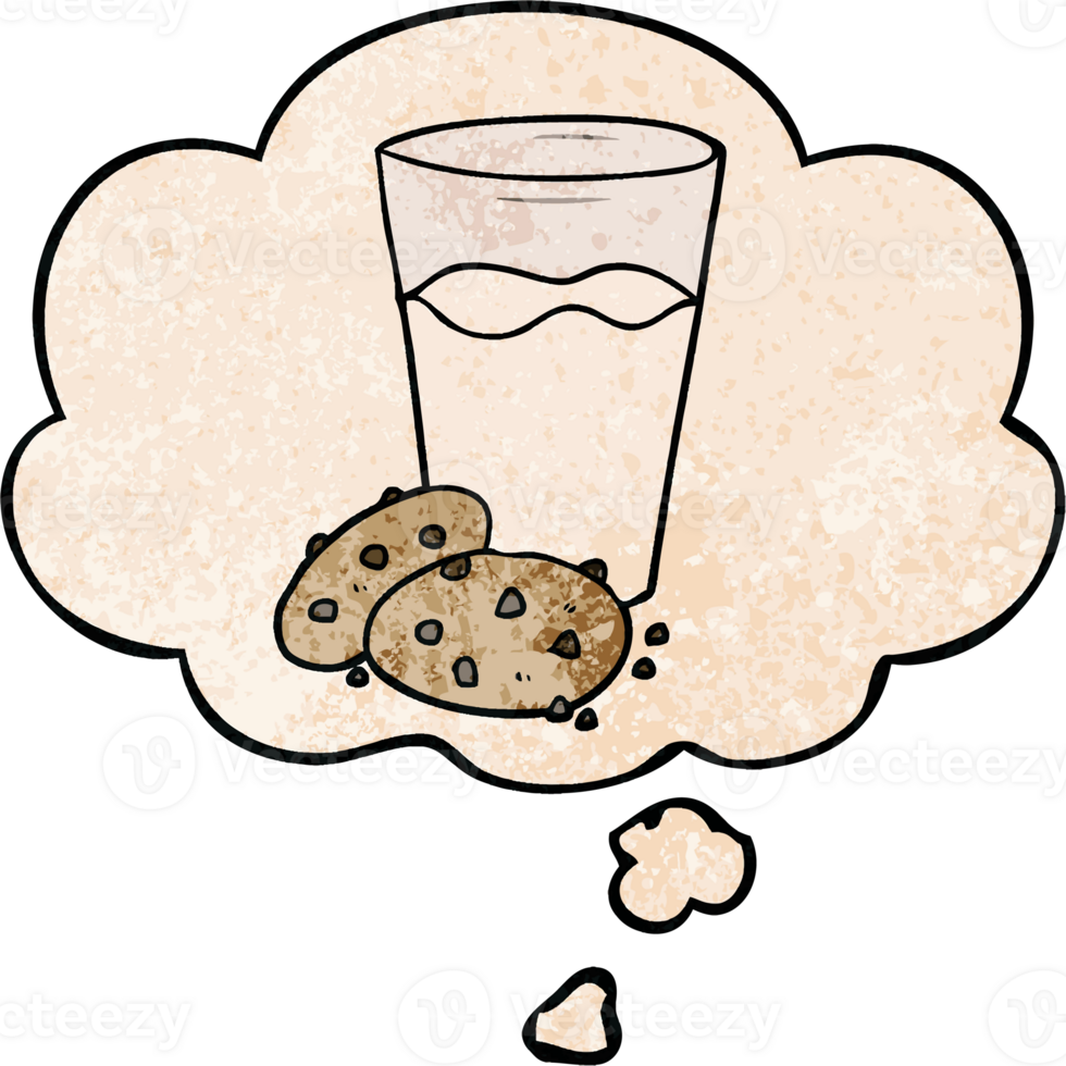 cartoon cookies and milk and thought bubble in grunge texture pattern style png