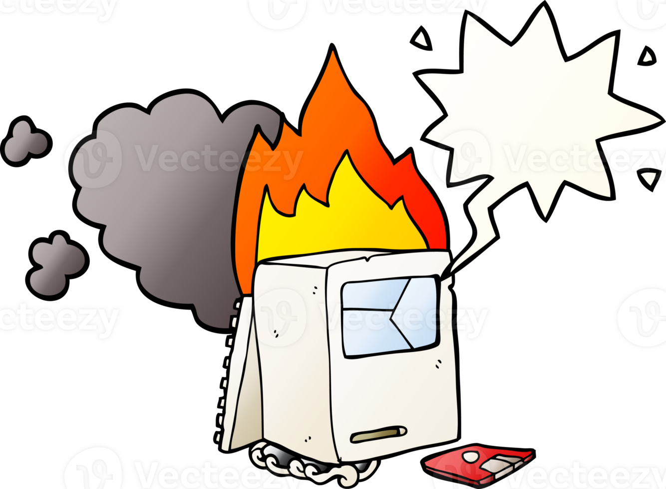 cartoon broken computer and speech bubble in smooth gradient style png
