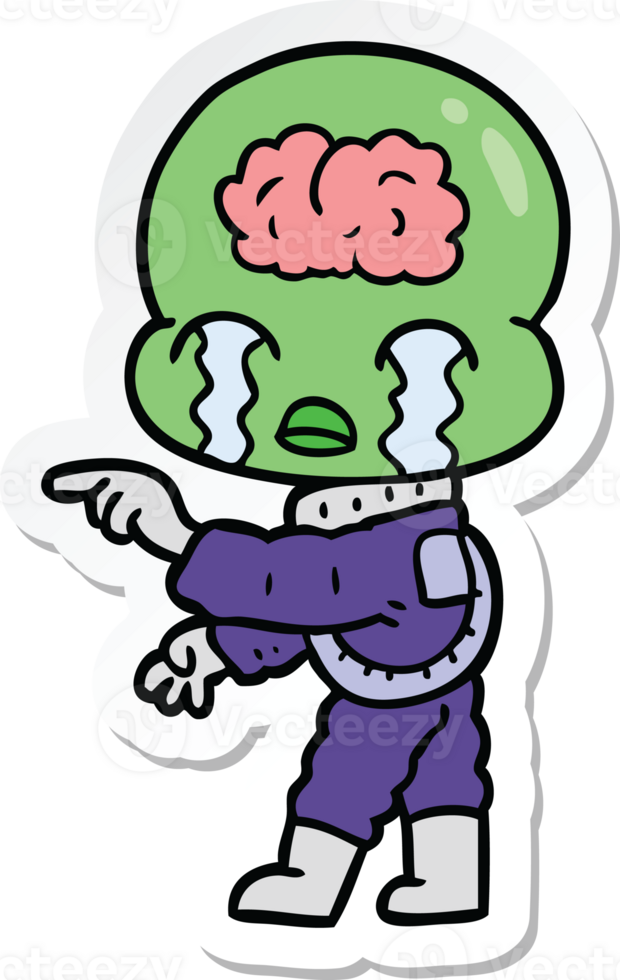 sticker of a cartoon big brain alien crying and pointing png