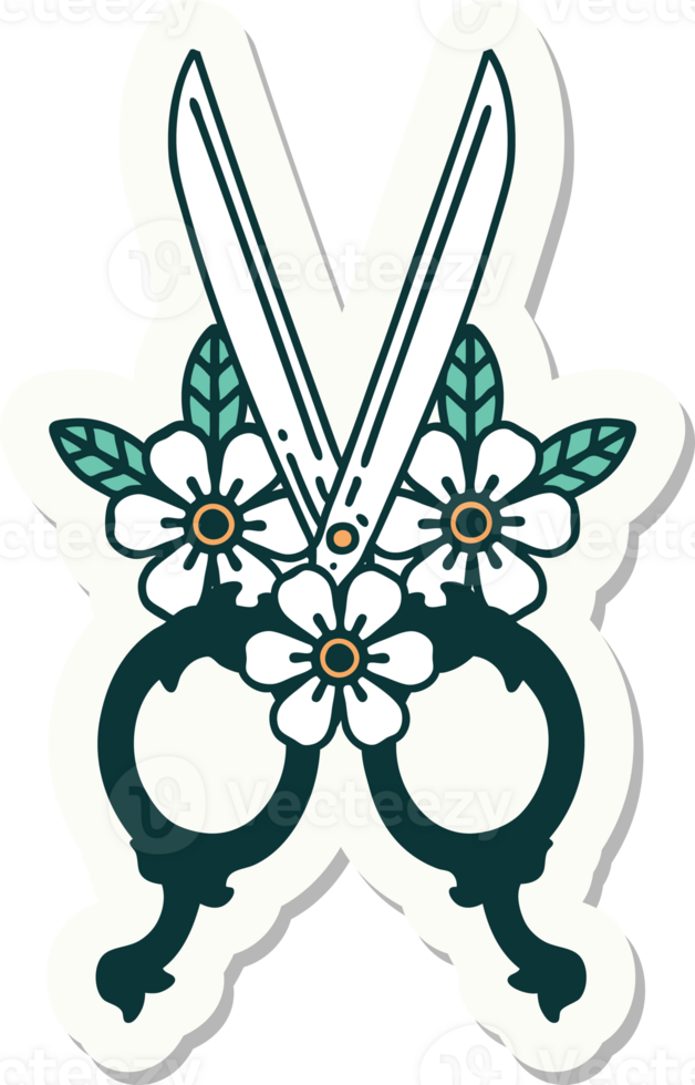 tattoo style sticker of a barber scissors and flowers png