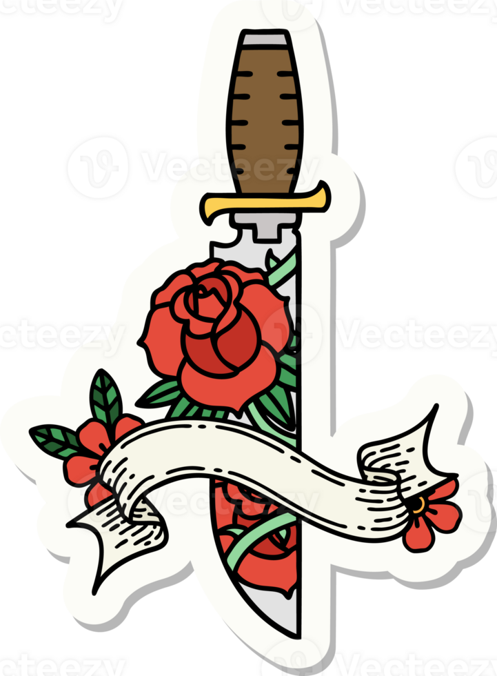 tatoeëren sticker met banier van een dolk en bloemen png