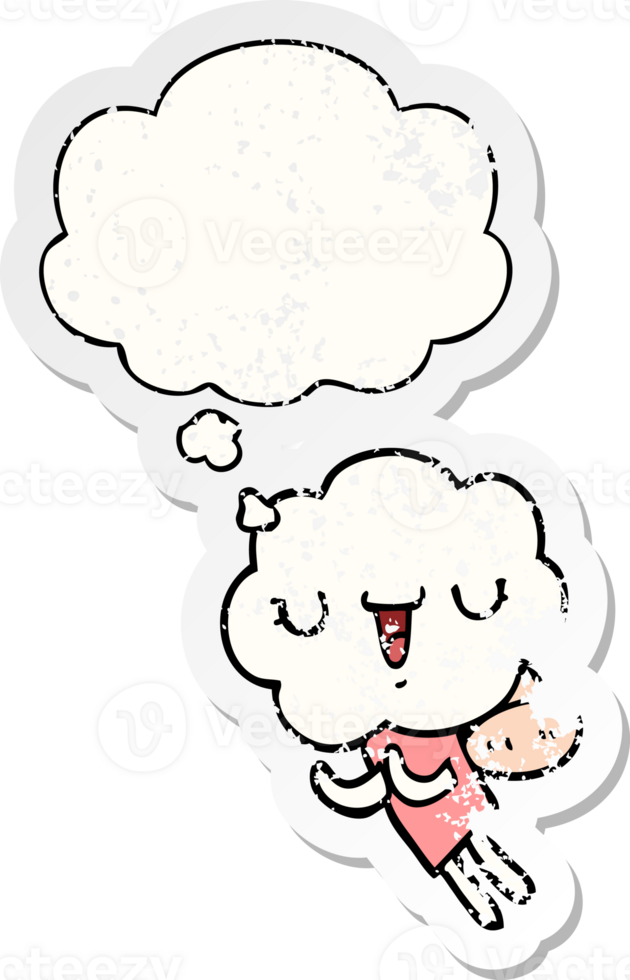 cute cartoon cloud head creature and thought bubble as a distressed worn sticker png
