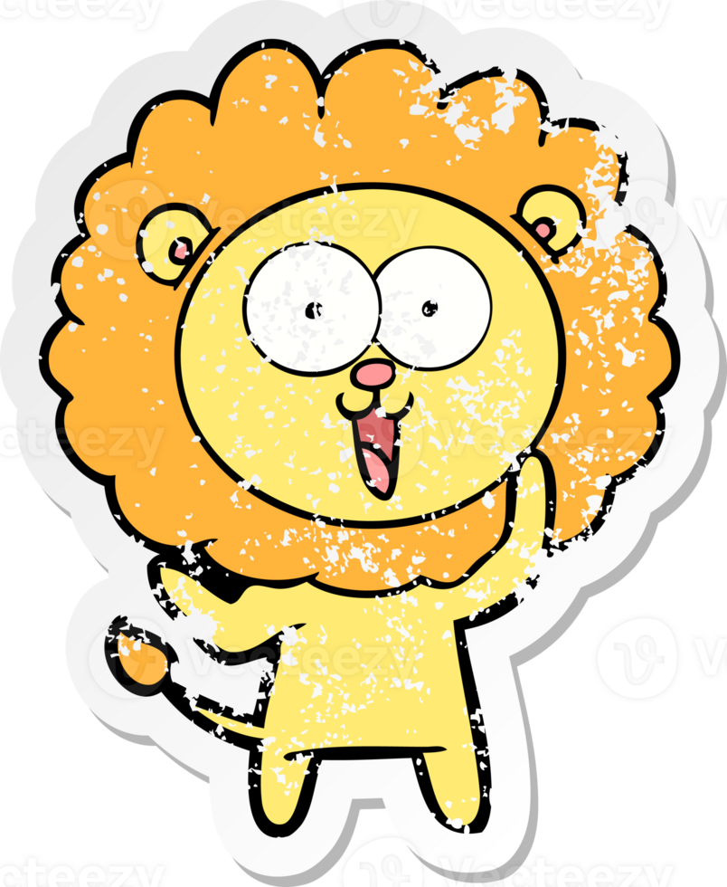 distressed sticker of a happy cartoon lion png