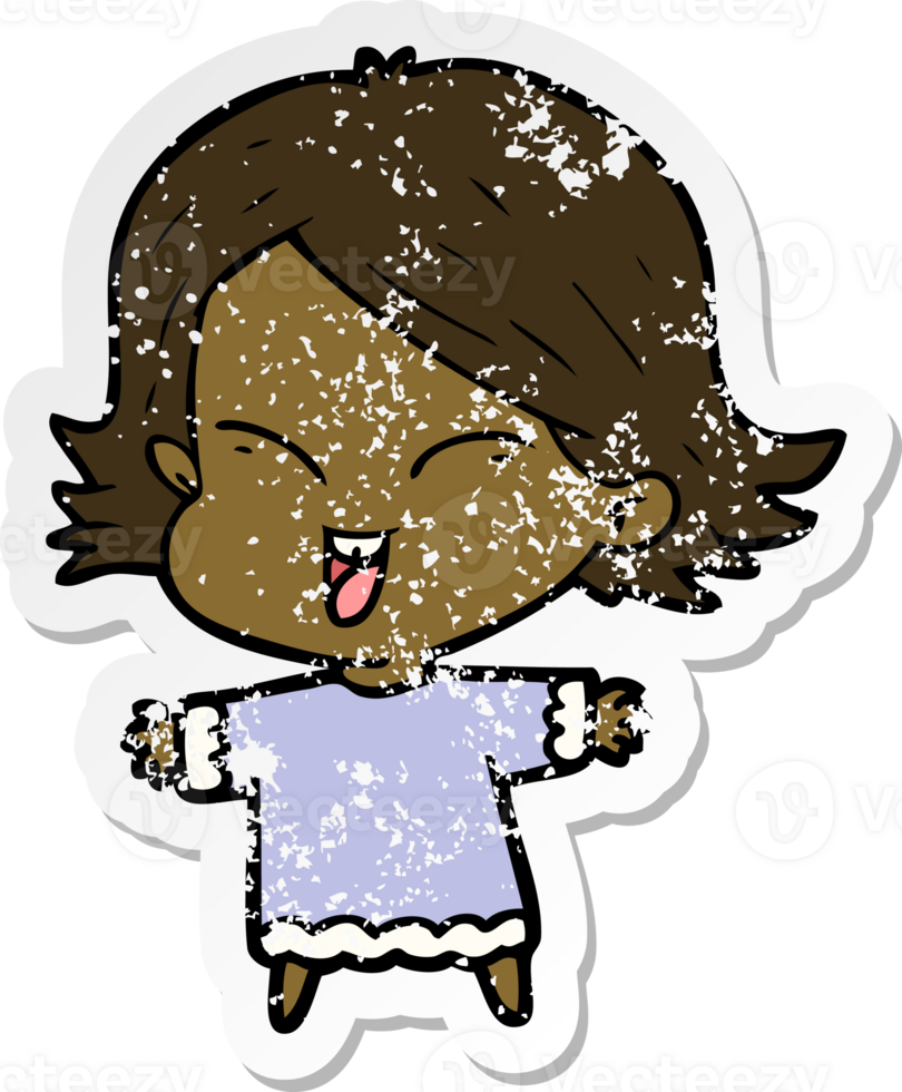 distressed sticker of a happy cartoon girl png