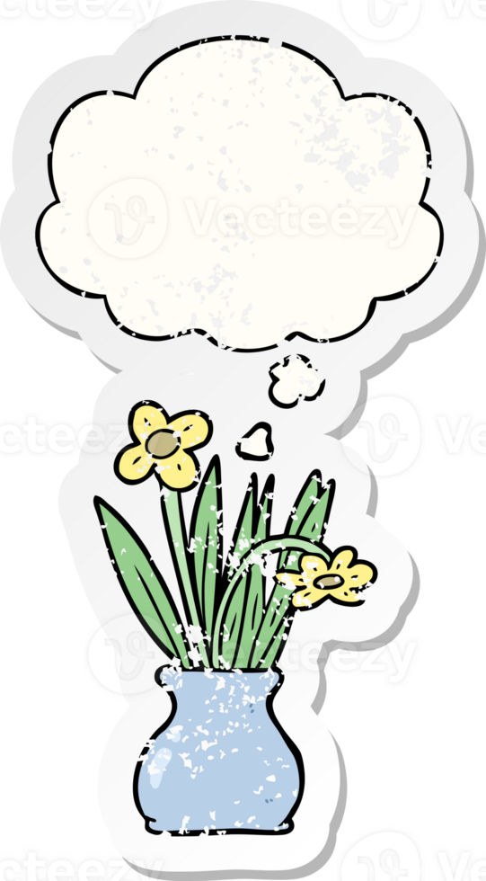 cartoon flower in pot and thought bubble as a distressed worn sticker png