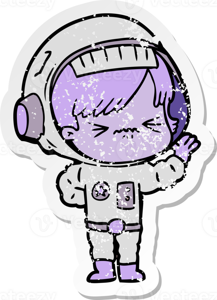 distressed sticker of a angry cartoon space girl waving png