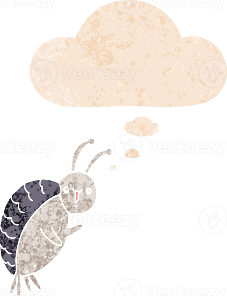 cartoon beetle and thought bubble in retro textured style png