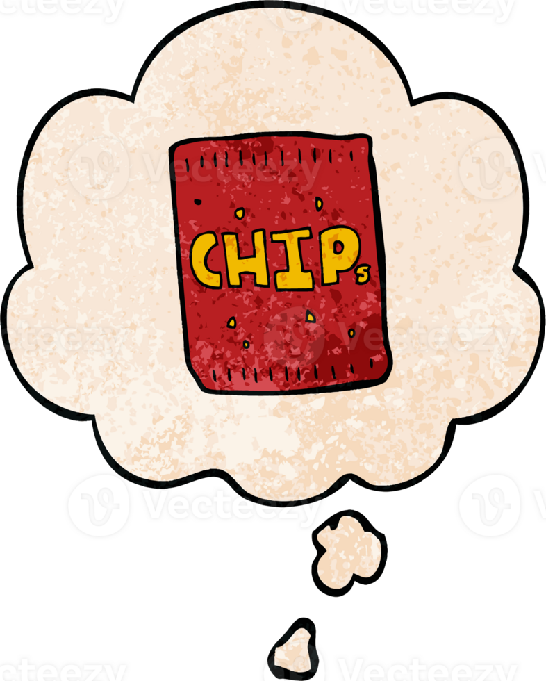 cartoon packet of chips and thought bubble in grunge texture pattern style png