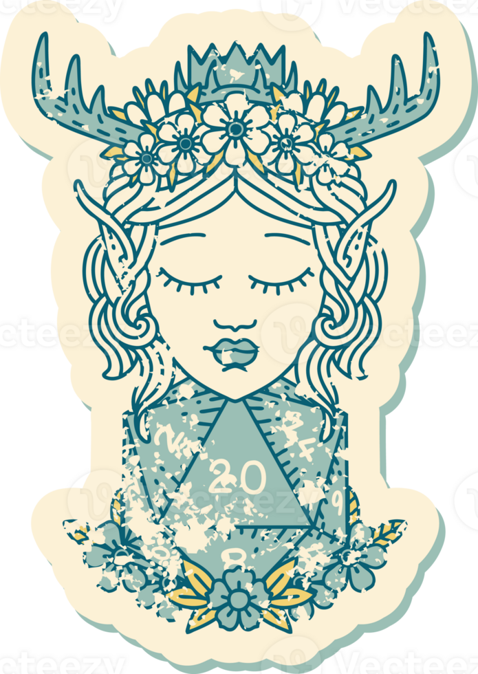 elf druid character with nautral twenty dice roll illustration png
