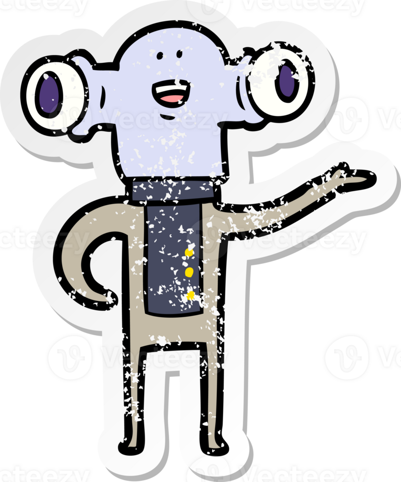 distressed sticker of a friendly cartoon alien gesturing png