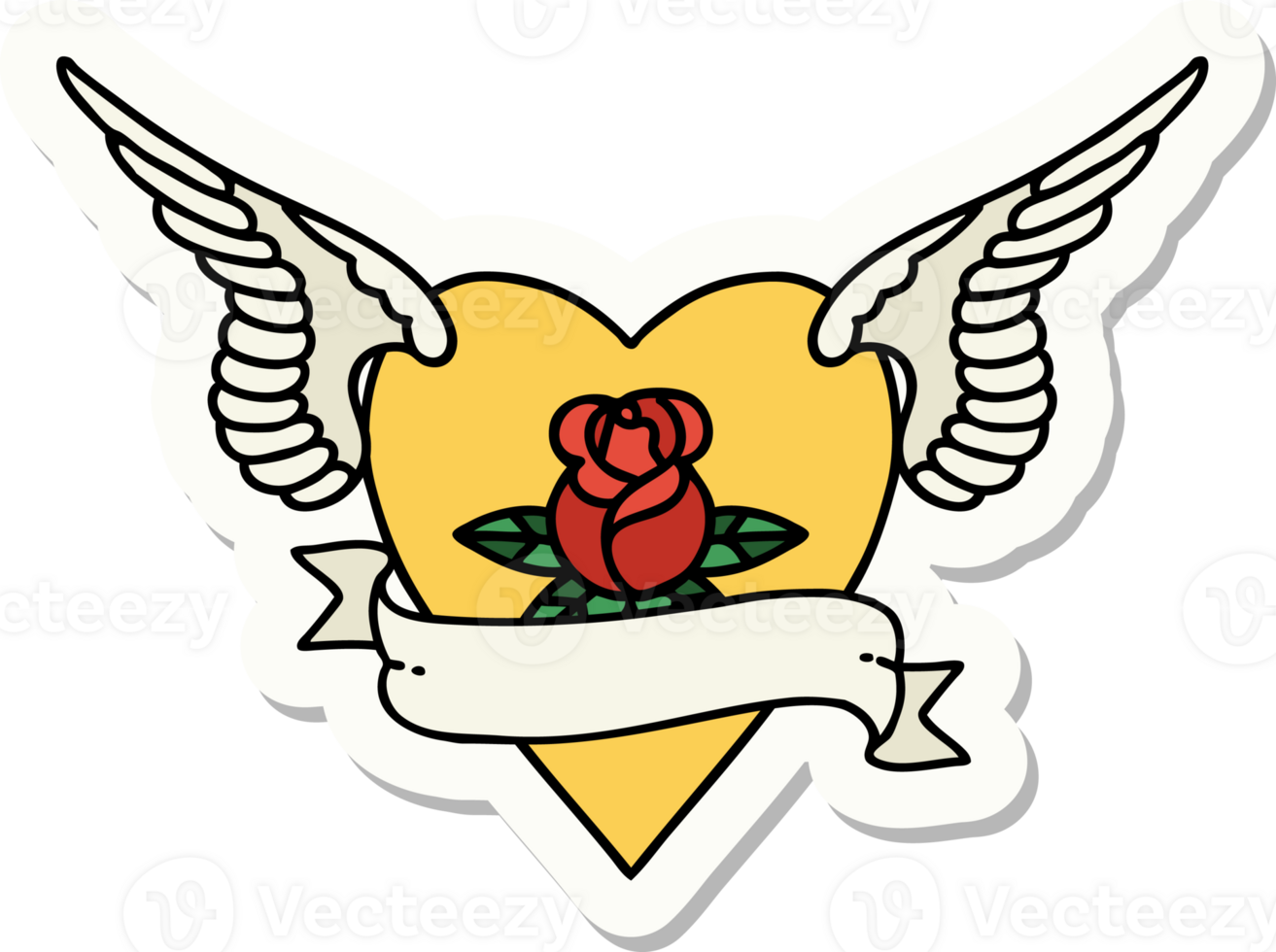 tattoo style sticker of a heart with wings a rose and banner png