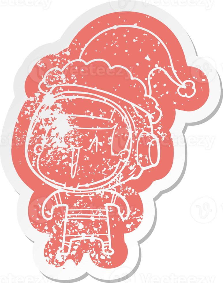 cartoon distressed sticker of a astronaut man wearing santa hat png