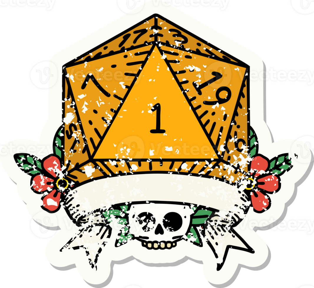 natural one d20 dice roll grunge sticker png