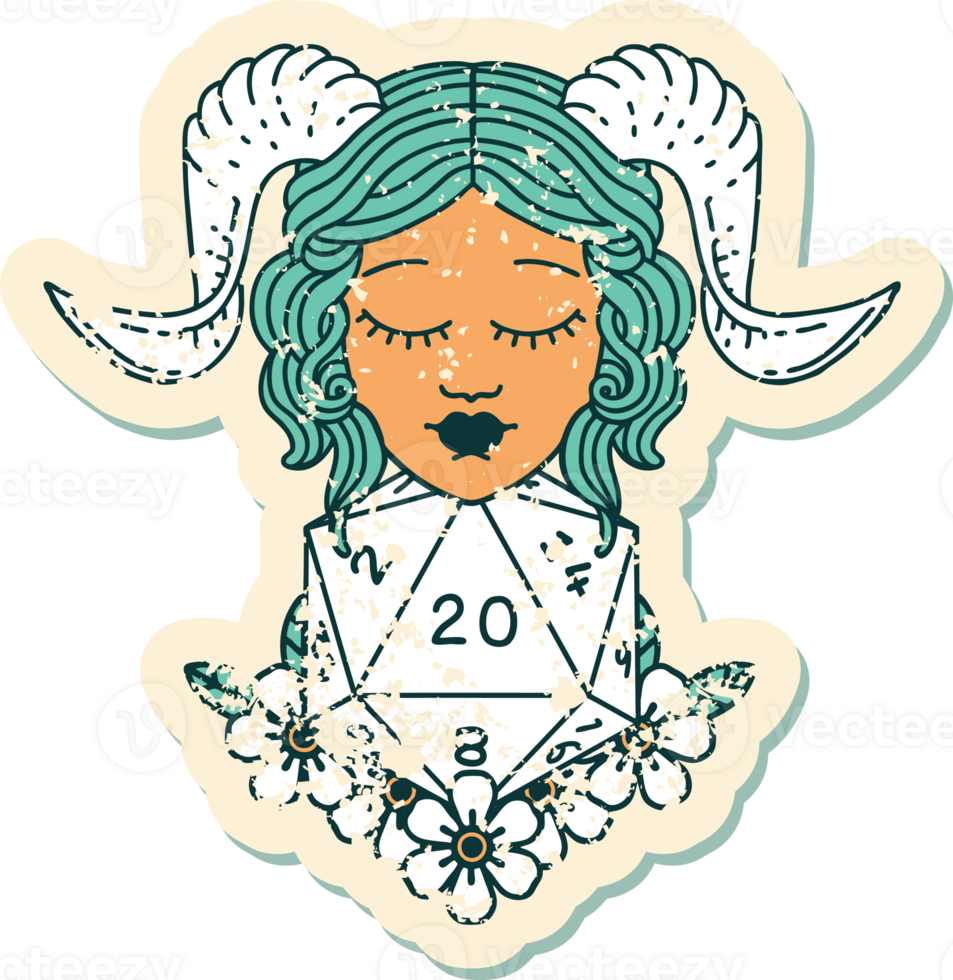 tiefling with natural twenty dice roll grunge sticker png