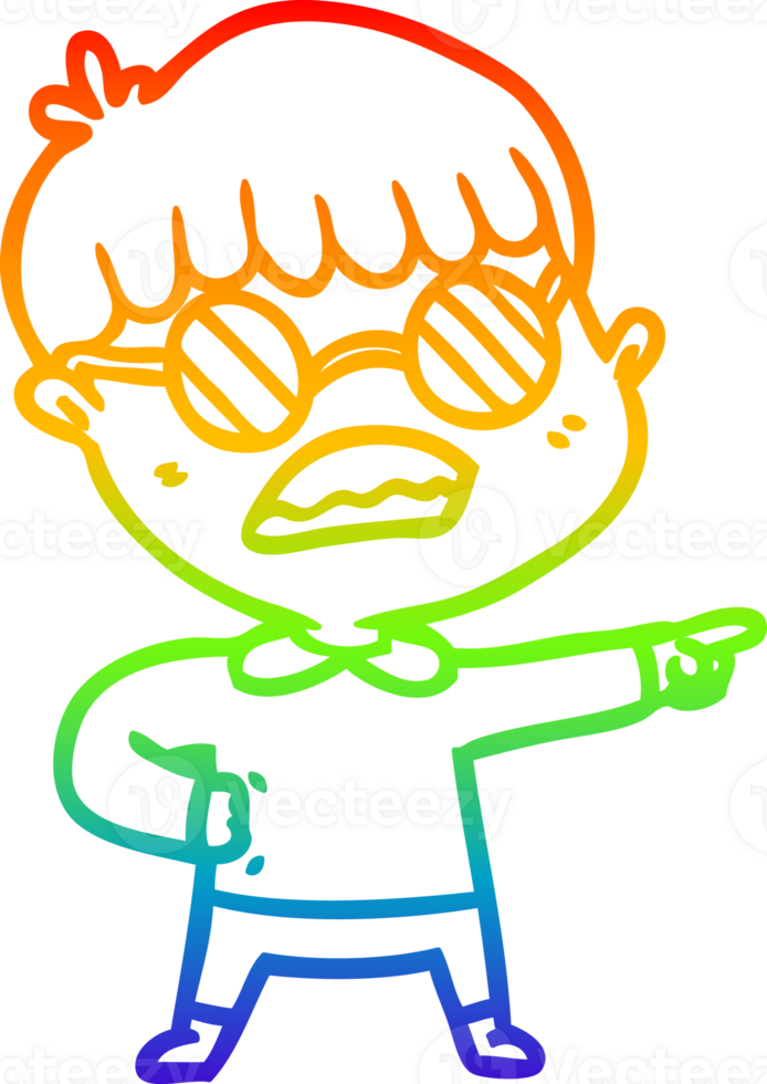 rainbow gradient line drawing cartoon pointing boy wearing spectacles png