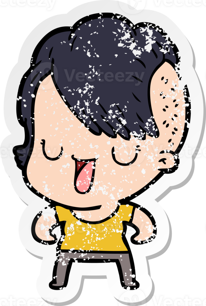 distressed sticker of a cute cartoon girl with hipster haircut png