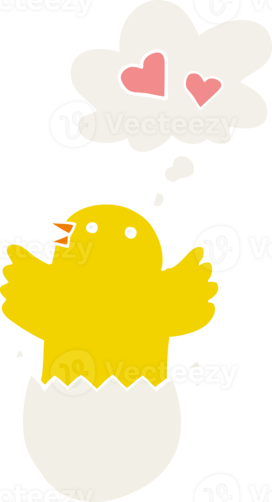 cute hatching chick cartoon and thought bubble in retro style png