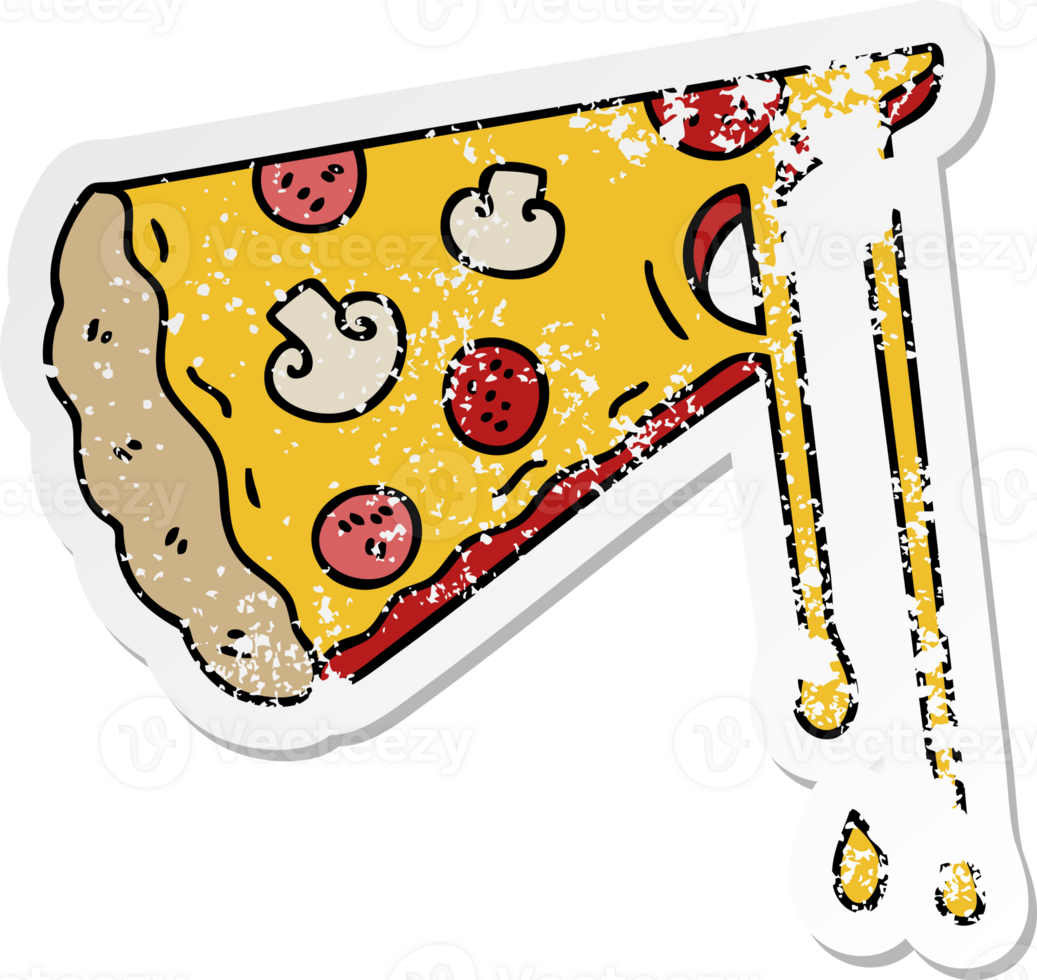 distressed sticker of a quirky hand drawn cartoon cheesy pizza png
