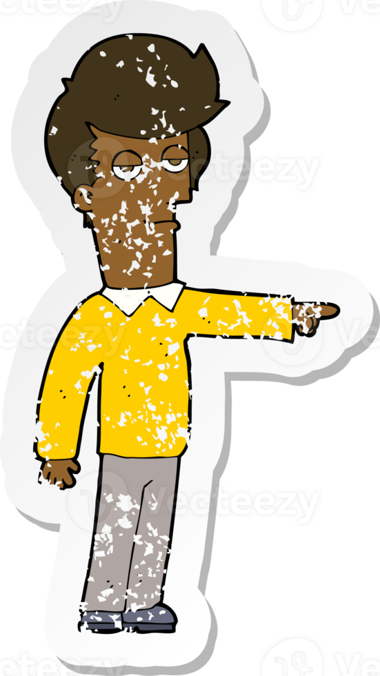 retro distressed sticker of a cartoon pointing man png