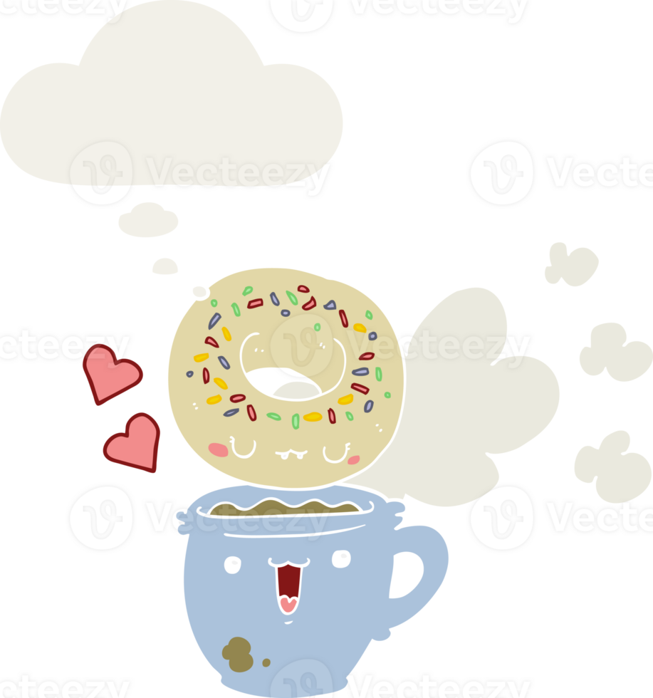 cute cartoon donut and coffee and thought bubble in retro style png