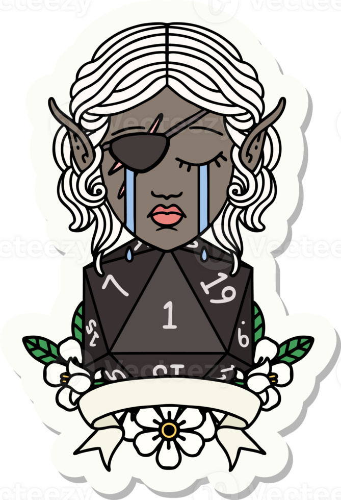 crying elf rogue character with natural one D20 roll sticker png