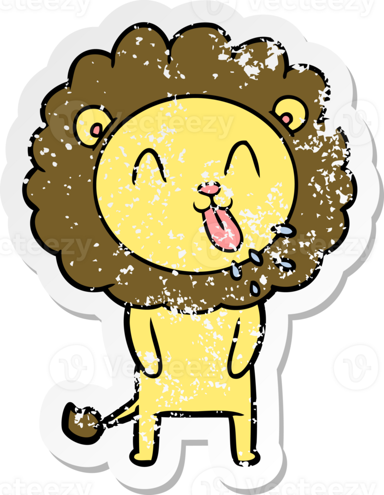 distressed sticker of a happy cartoon lion png