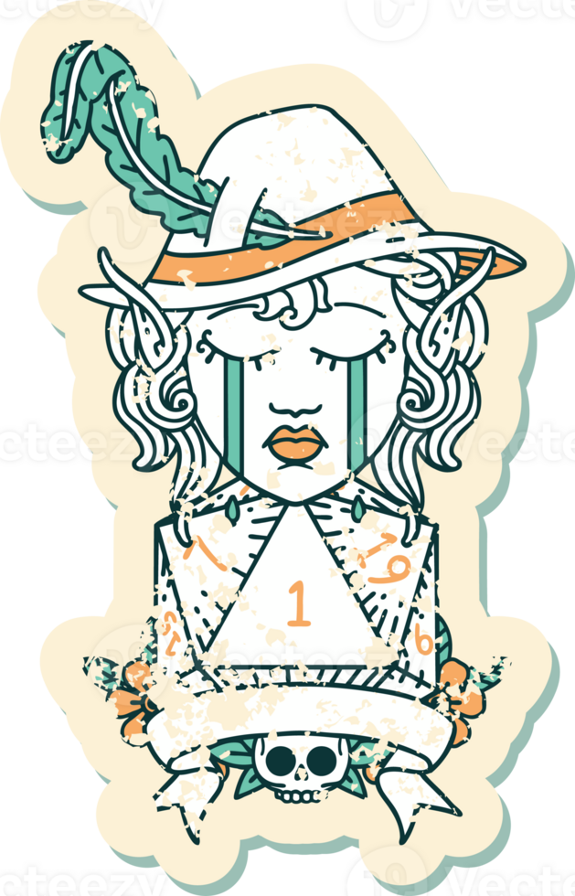 crying elf bard character with natural one D20 roll illustration png