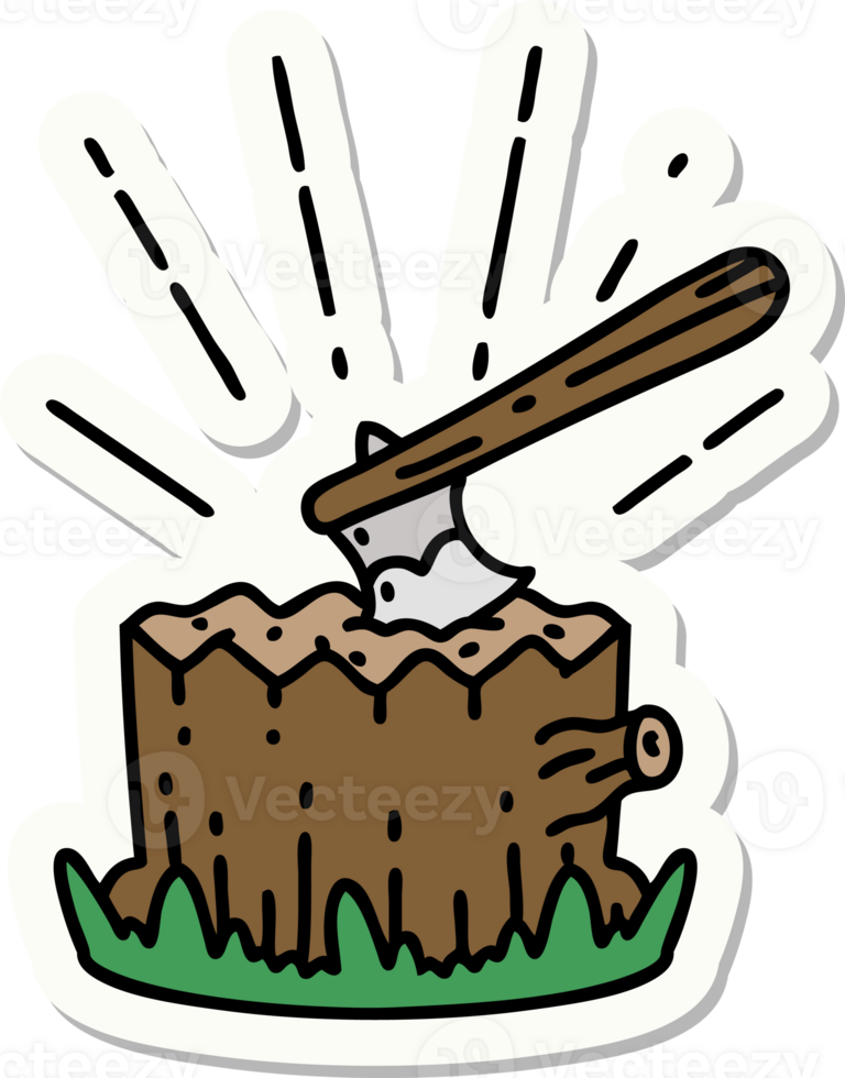 sticker of tattoo style axe in tree stump png