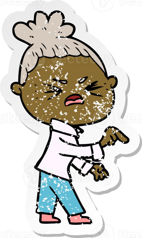 distressed sticker of a cartoon angry woman png