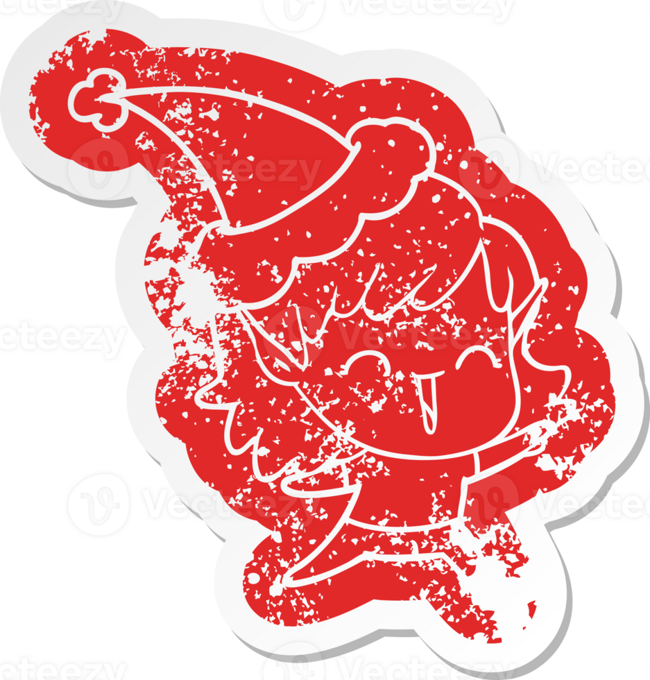 cartoon distressed sticker of a elf girl wearing santa hat png