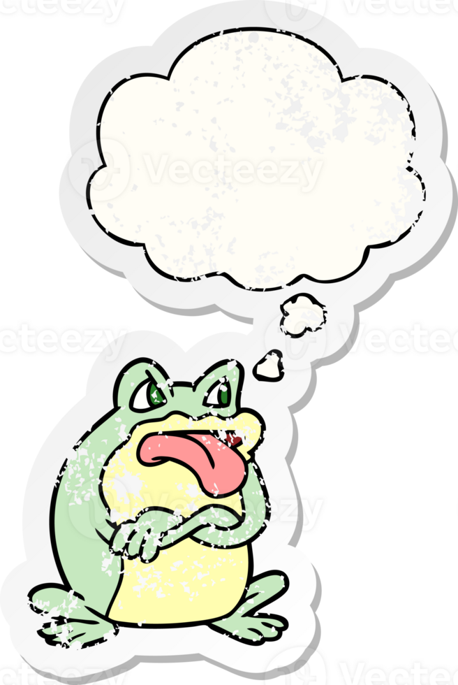 grumpy cartoon frog and thought bubble as a distressed worn sticker png