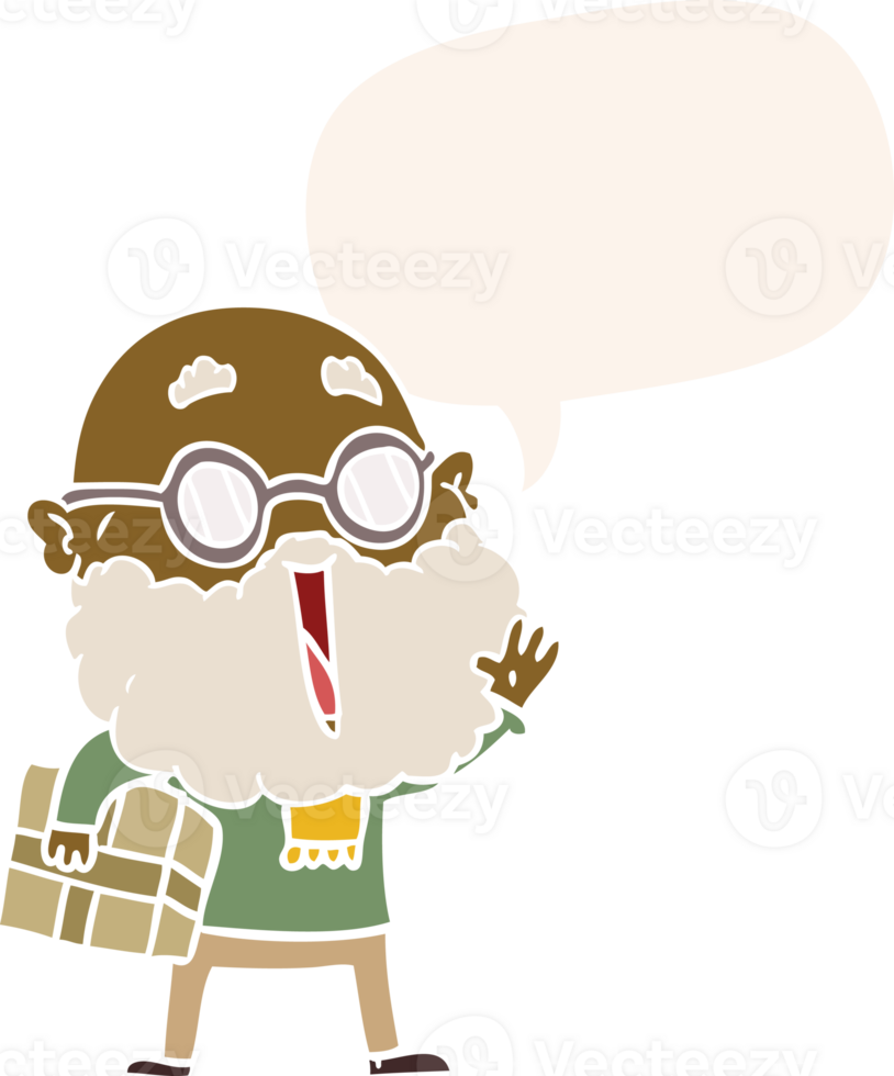 cartoon joyful man and beard and parcel under arm and speech bubble in retro style png