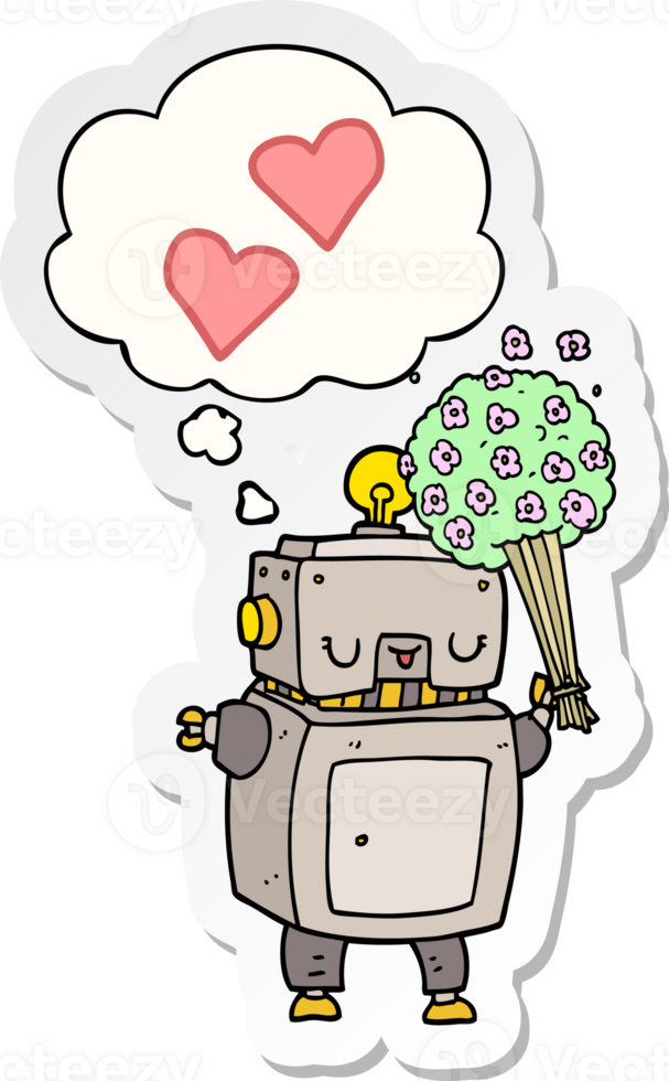 cartoon robot in love and thought bubble as a printed sticker png