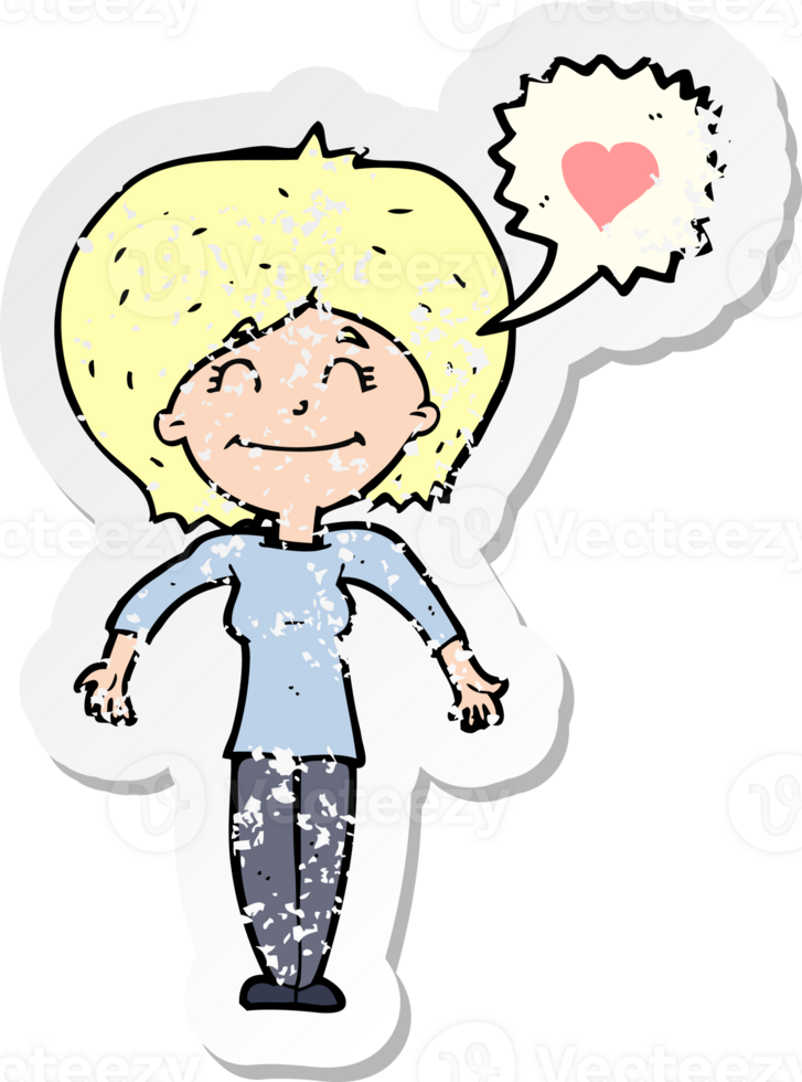 retro distressed sticker of a cartoon happy woman in love png