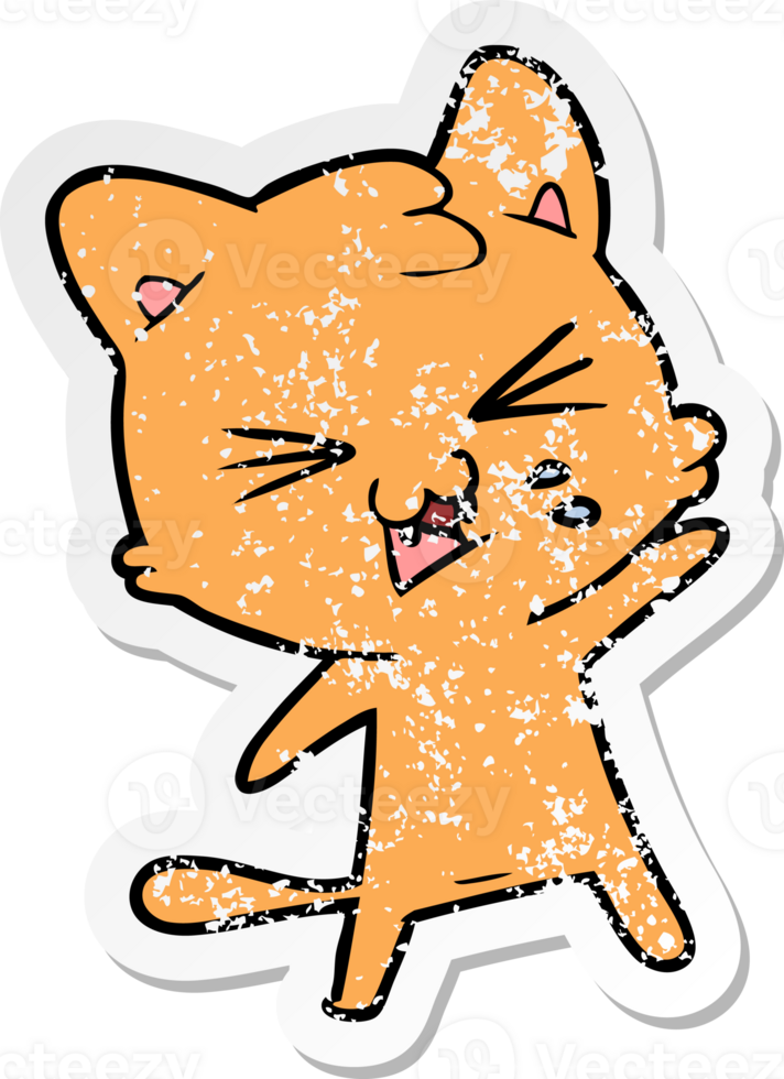 distressed sticker of a cartoon hissing cat png