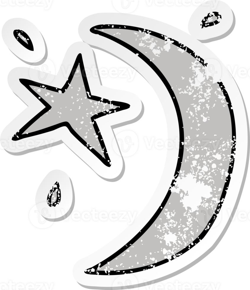 hand drawn distressed sticker cartoon doodle of the moon and a star png