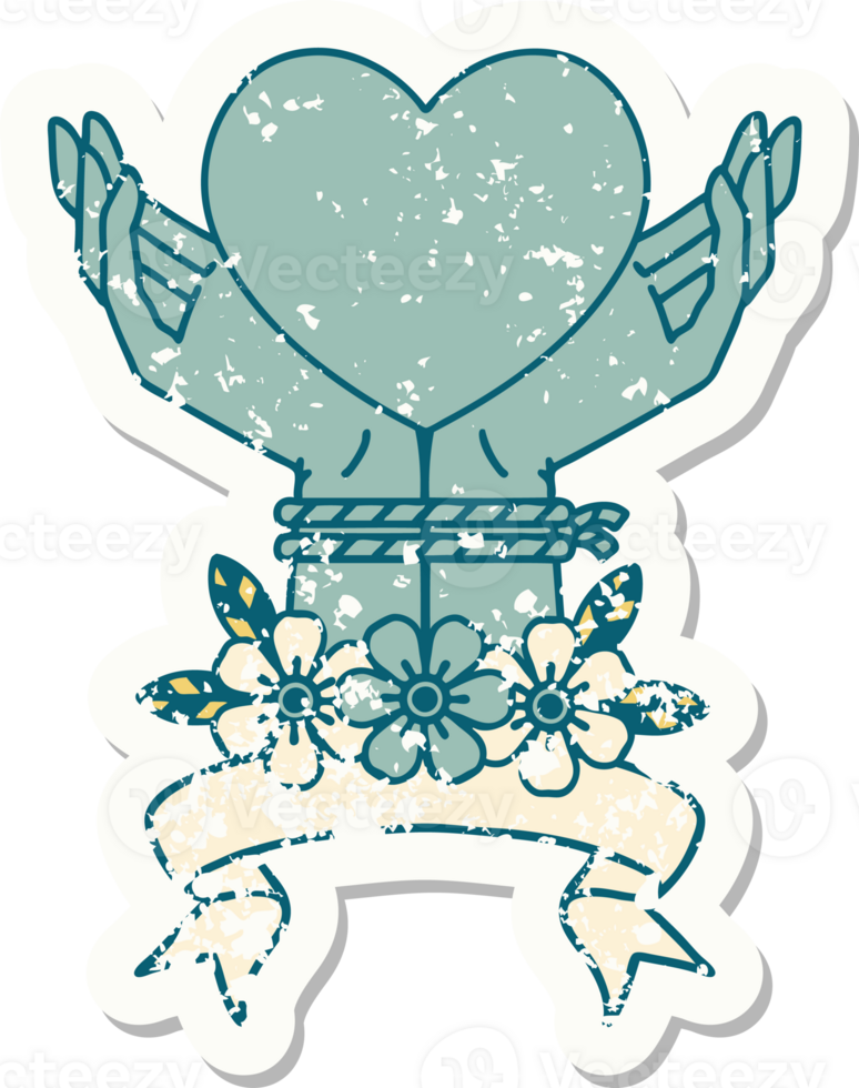 worn old sticker with banner of tied hands and a heart png