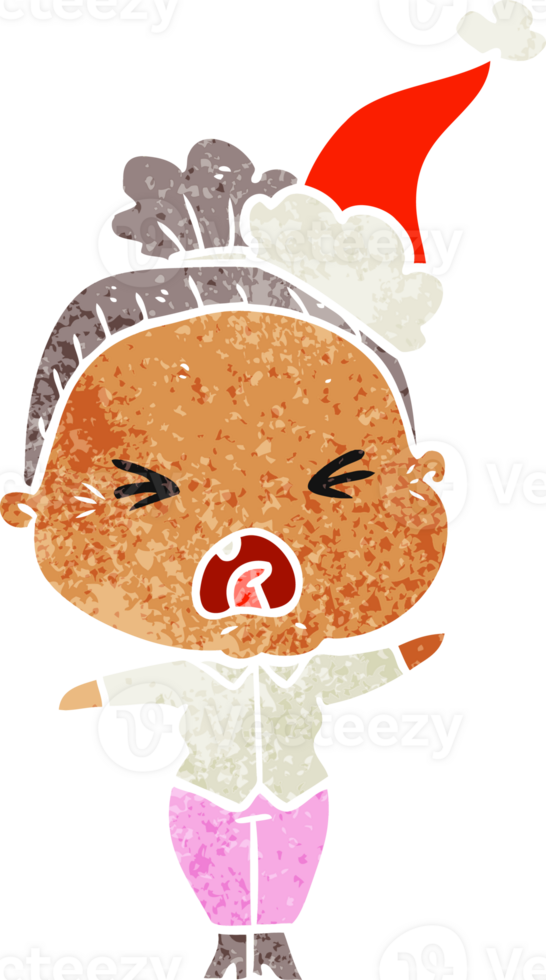 hand drawn retro cartoon of a angry old woman wearing santa hat png