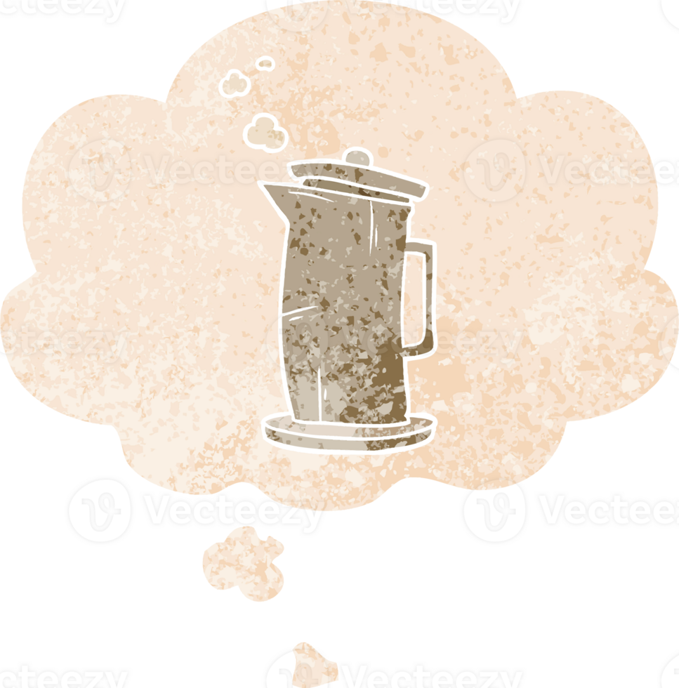 cartoon old kettle with thought bubble in grunge distressed retro textured style png
