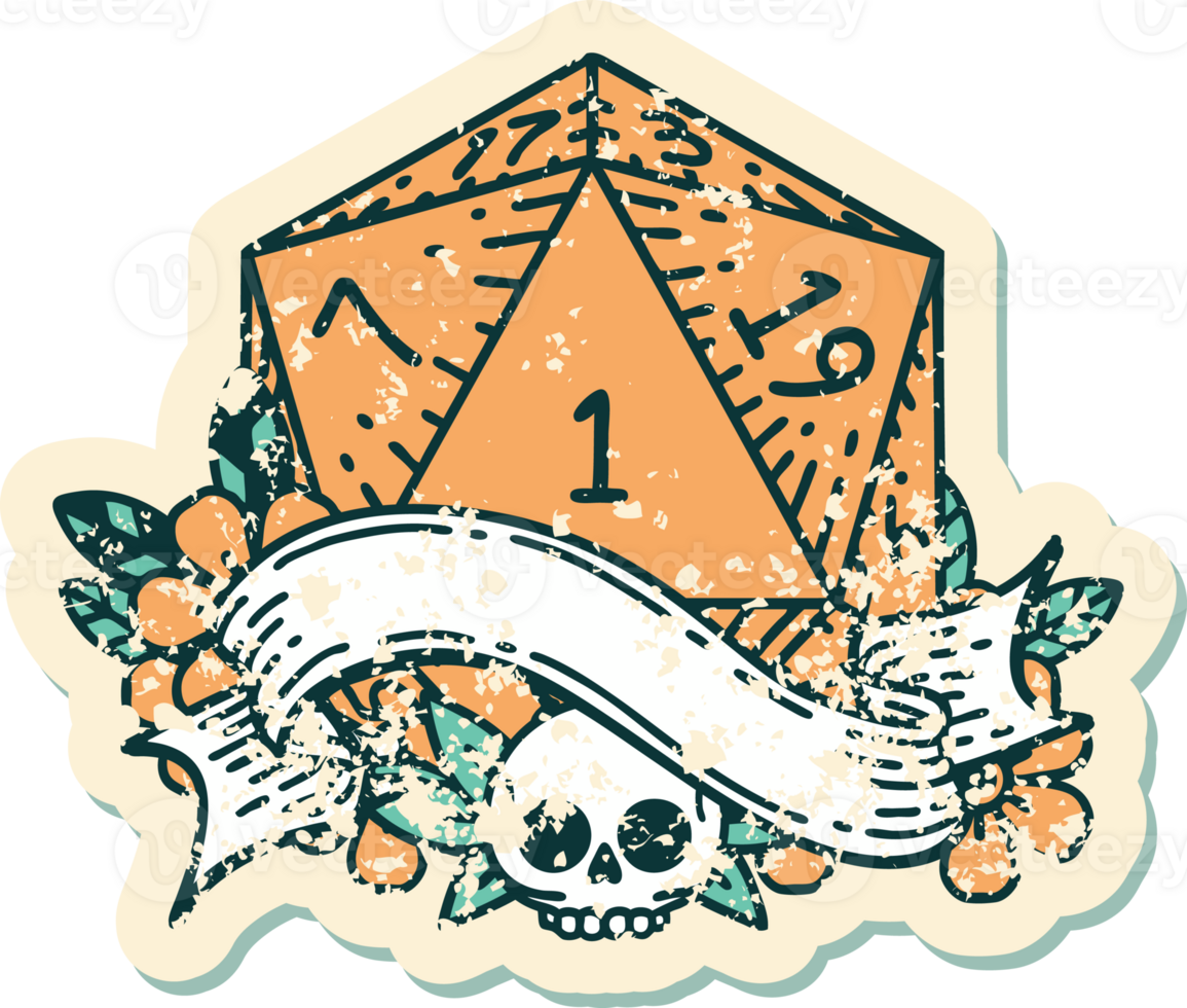 Retro Tattoo Style natural one d20 dice roll png