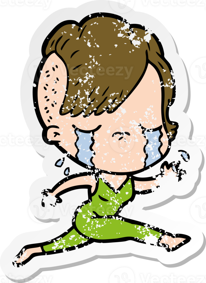 distressed sticker of a cartoon crying girl running png