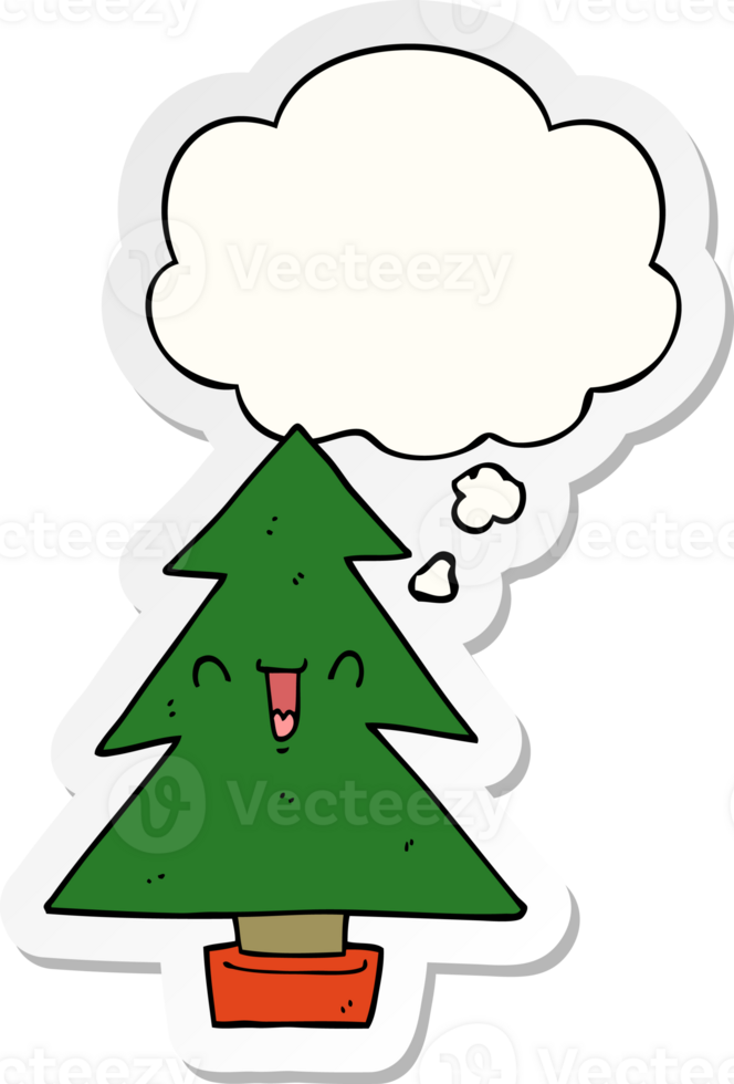 cartoon christmas tree with thought bubble as a printed sticker png